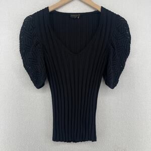 DONNA KARAN BLACK LABEL Top S Knit Ribbed Crochet Sleeves V-Neck Black Vtg